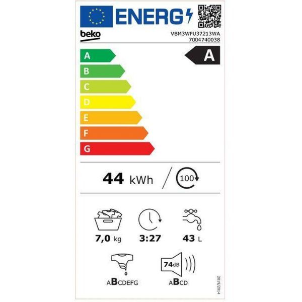 Lavadora Beko VBM3WFU37213WA | 7kg | 1200rpm | 15 Programas | Programación Diferida | Blanco Beko